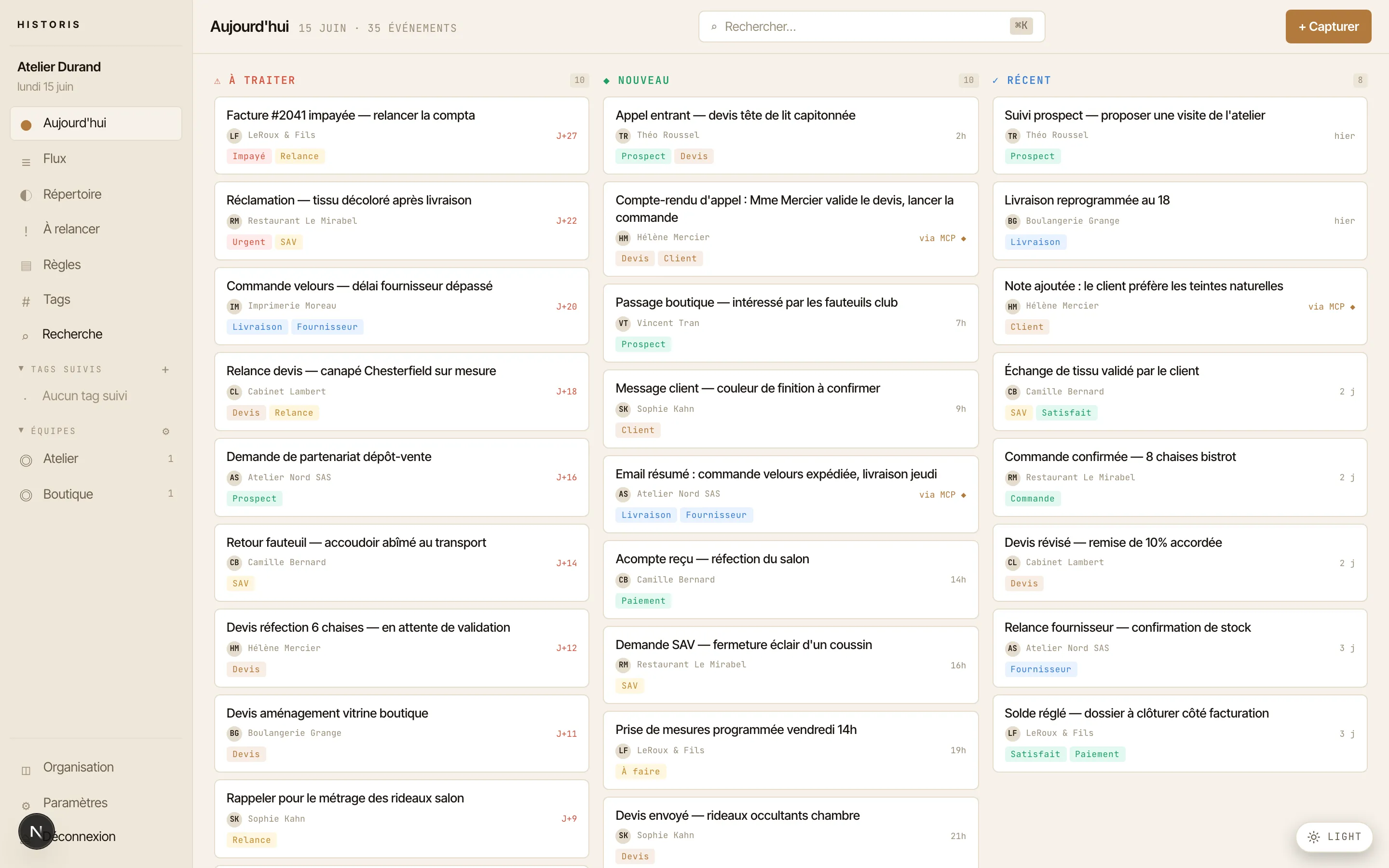 Le tableau Historis : les entrées à traiter, nouvelles et récentes, chacune reliée à un contact, datée et signée.